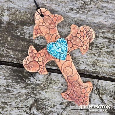 100% NZ Made Pottery / Turquoise Bird Heart Budded Cross