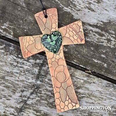 100% NZ Made Pottery / Green Bird Heart Cross