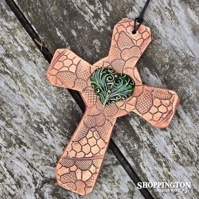 100% NZ Made Pottery / Green Filigree Heart Celtic Cross