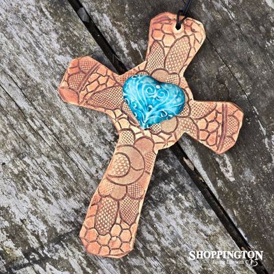 100% NZ Made Pottery /Turquoise Filigree Heart Celtic Cross