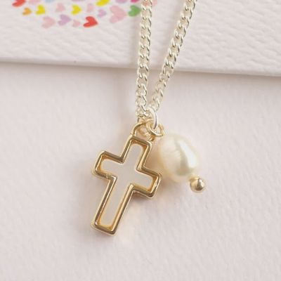 Lauren Hinkley Mother of Pearl Cross Necklace with Fresh Water Pearl