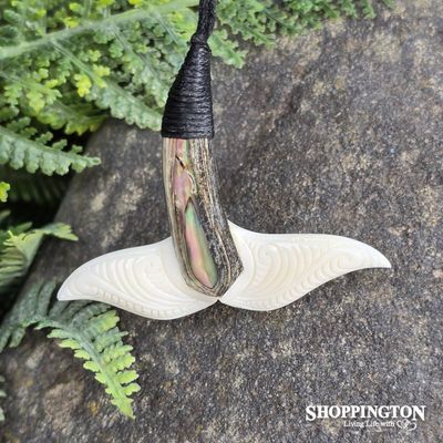 Bone &amp; Paua Carved Whale Tail Pendant