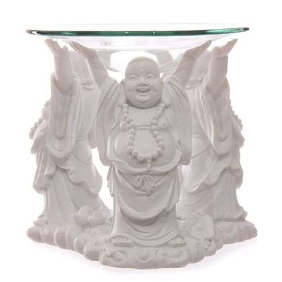 White Laughing Buddha Oil &amp; Wax Burner with Glass Dish