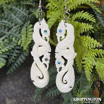 Bone Earrings - Double Manaia &amp; Paua