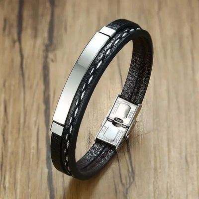 Men&#039;s Leather Double Bracelet with ID Plate