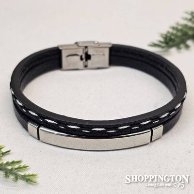 Men&#039;s Leather Double Bracelet with ID Plate