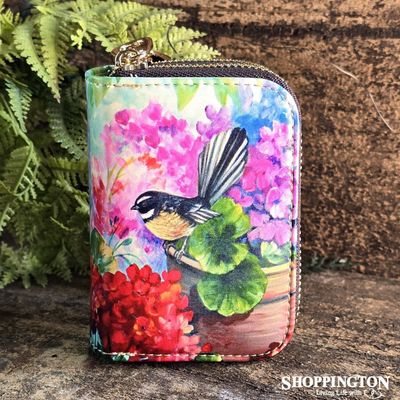 Leather NZ Print Card Wallet ND - Fantail Pink - Irene Velman