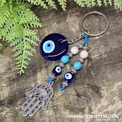 Keyring - Hamsa Evil Eye with Turquoise (Howlite) Beads