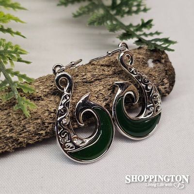 Earrings - Silver &amp; Green Fish Hook