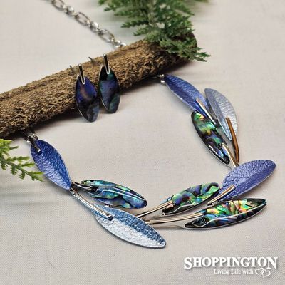 Necklace - Paua &amp; Blue Leaves Necklace &amp; Earrings Set