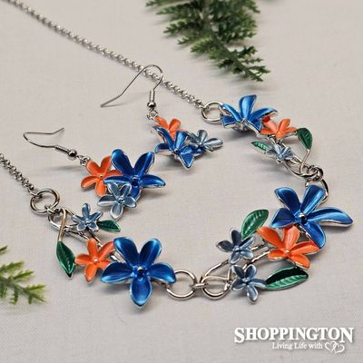 Necklace - Navy/Orange Flower Necklace &amp; Earrings Set