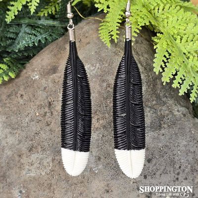 Bone Black Single Feathered Earrings 80mm