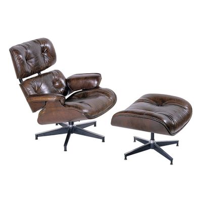 ASTOR CHAIR AND FOOTSTOOL - BROWN LEATHER