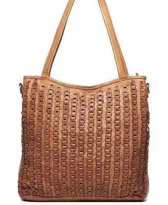 LEATHER WOVEN TOTE BAG - COGNAC