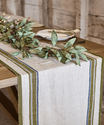 GREEN SELVEDGE STRIPE LINEN TABLE RUNNER