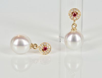 Earrings - Australian South Sea pearls, diamonds and rubies