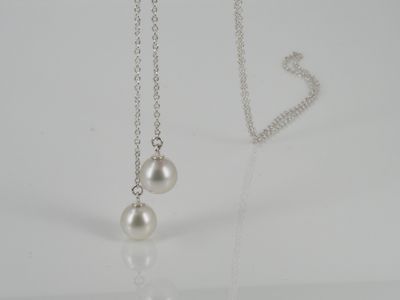 Necklace - Long scarf necklace of white South Sea pearls and stg silver chain
