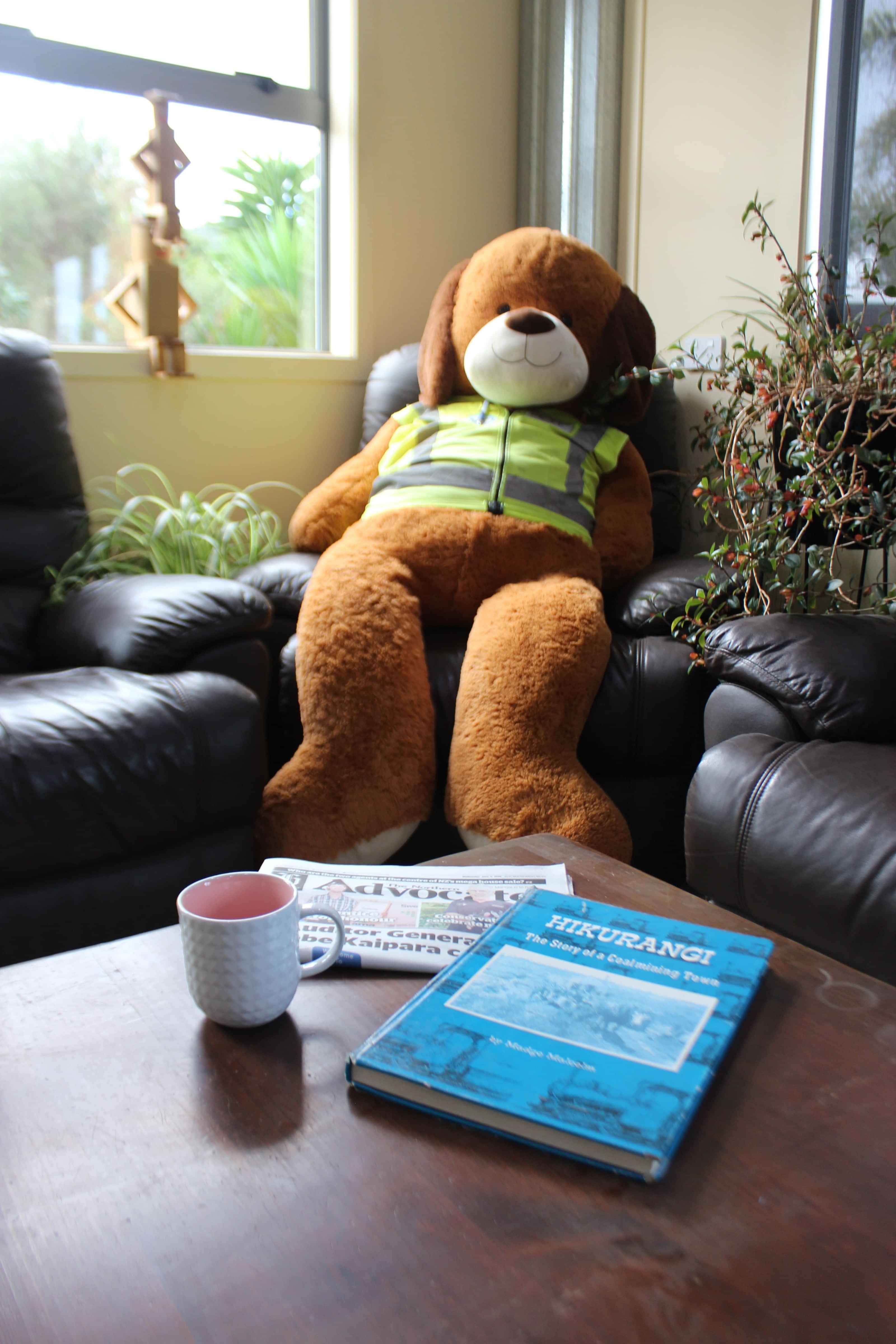 Pete the dog giant soft teddy sitting in the waiting room of Automotive Solutions Kauri