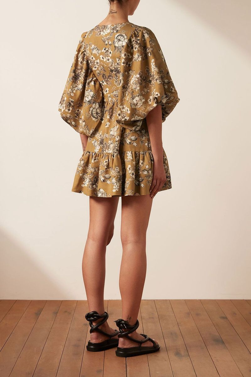 Rumor Cambridge | SHONA JOY Cecilia Plunged Balloon Sleeve Mini Dress -  Ochre/Multi, WOMENS