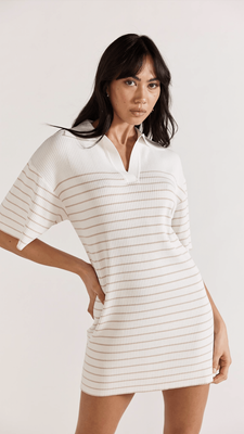 STAPLE THE LABEL Kiana Stripe Knit Polo Dress - White