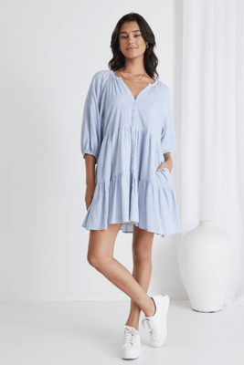 IVY + JACK Aries Balloon Sleeve Tiered Button Front Mini Dress - Blue Stripe