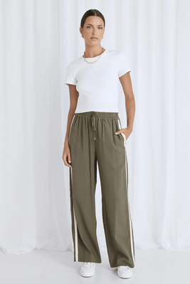 STORIES BE TOLD Townie Side Stripe Tape Wide Leg Pants - Olive