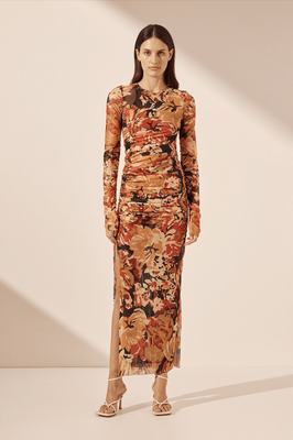 SHONA JOY Rubi Long Sleeve Gathered Midi Dress - Tangerine/Multi
