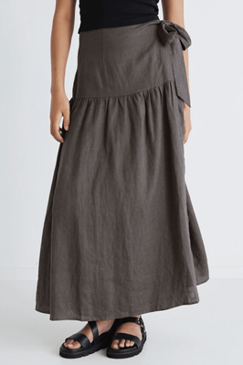 AMONG THE BRAVE Linen Wrap Maxi Skirt - Dark Olive Linen