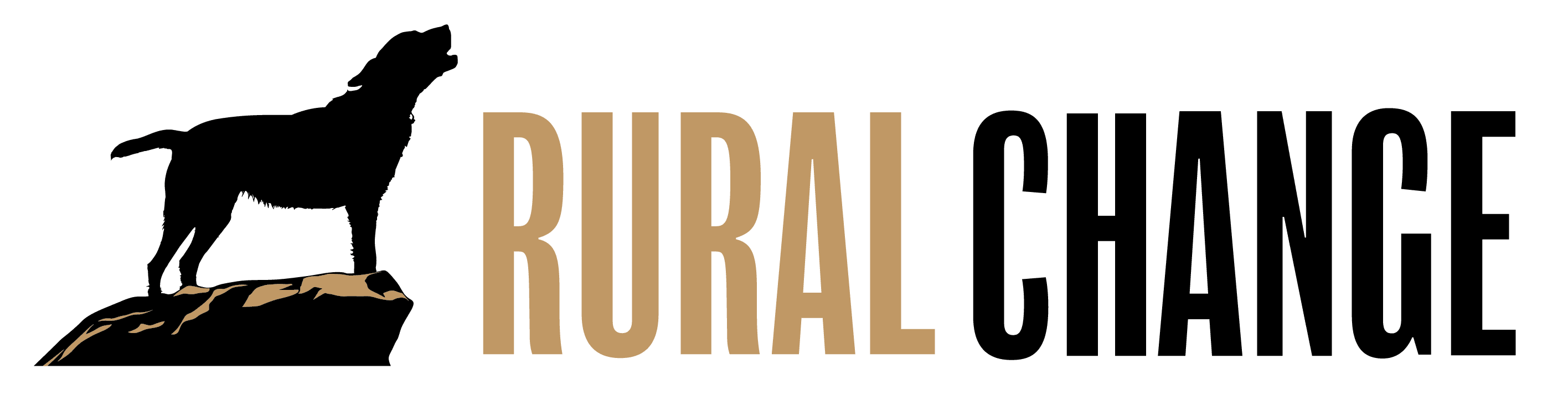  Rural Change logo features a black silhouette of a dog standing on a rock, with "RURAL" in gold and "CHANGE" in black, using bold uppercase letters