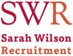 Sarah Wilson Recruitment logo features "SWR" in a serif font with a red-to-orange gradient, and the full company name in stacked red and orange text