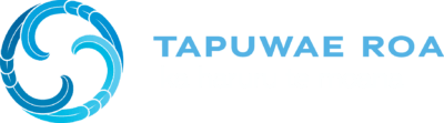 Tapuwae Roa logo features a circular blue koru design on the left, with "TAPUWAE ROA" in uppercase light blue sans-serif font on the right