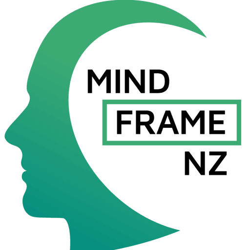 MindFrameNZ logo shows a green gradient head silhouette with "MIND" and "NZ" in black uppercase and "FRAME" inside a green-outlined box