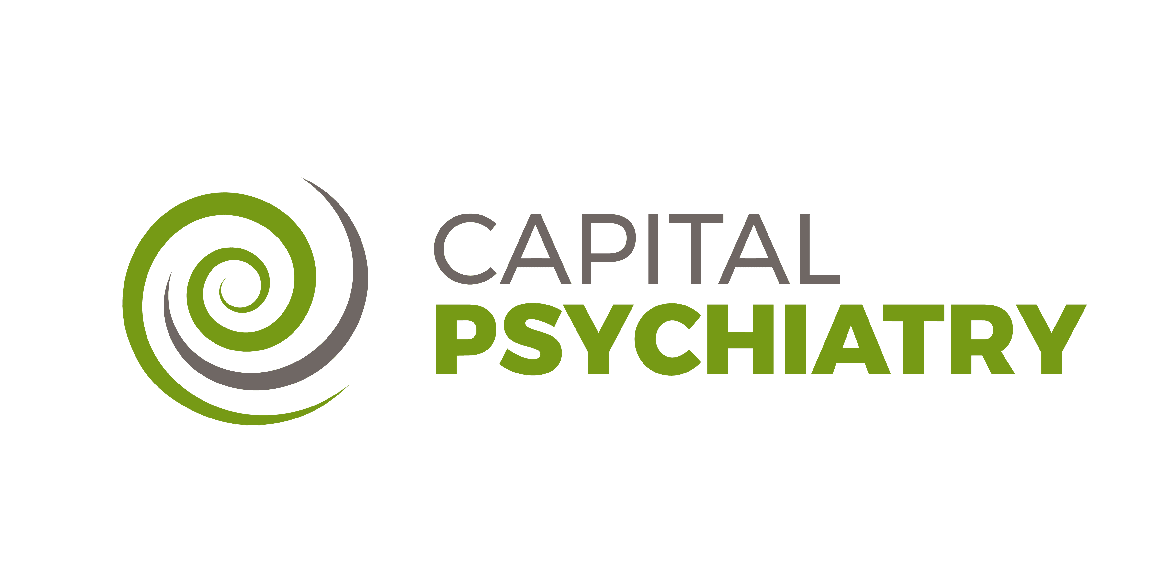 Capital Psychiatry logo has a green and grey spiral on the left, with "CAPITAL" in grey uppercase and "PSYCHIATRY" in bold green uppercase letters