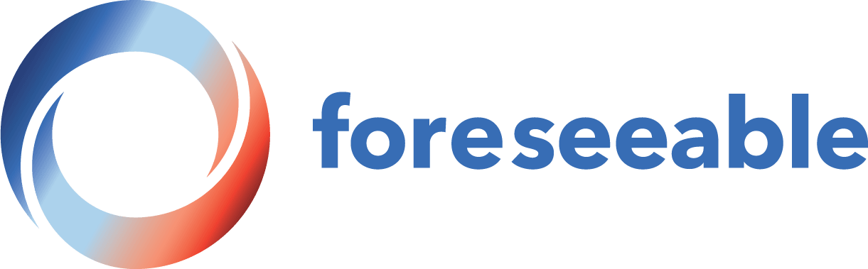 Foreseeable logo features a gradient circular design transitioning from blue to red, with the brand name in bold blue lowercase letters