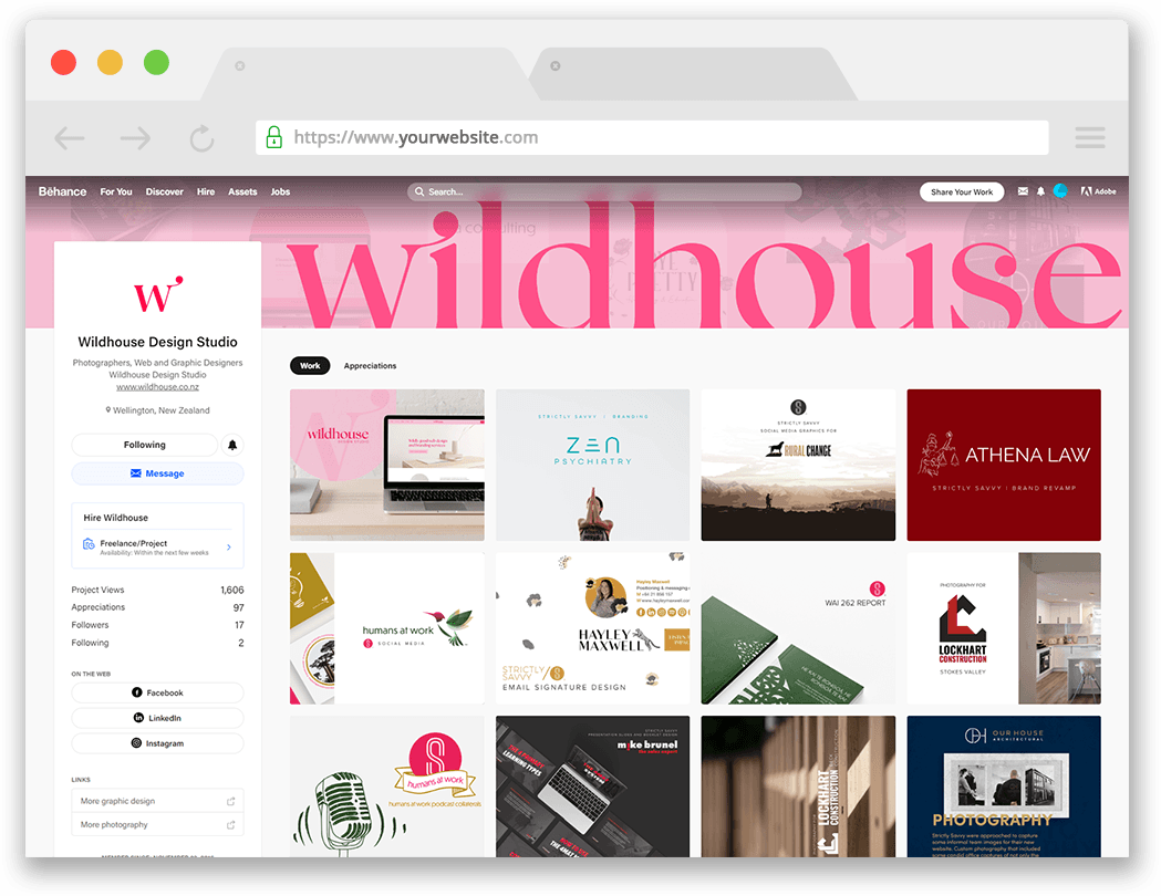 A computer screen displaying the Behance portfolio page of Wildhouse Design Studio, showcasing various logo designs and branding projects