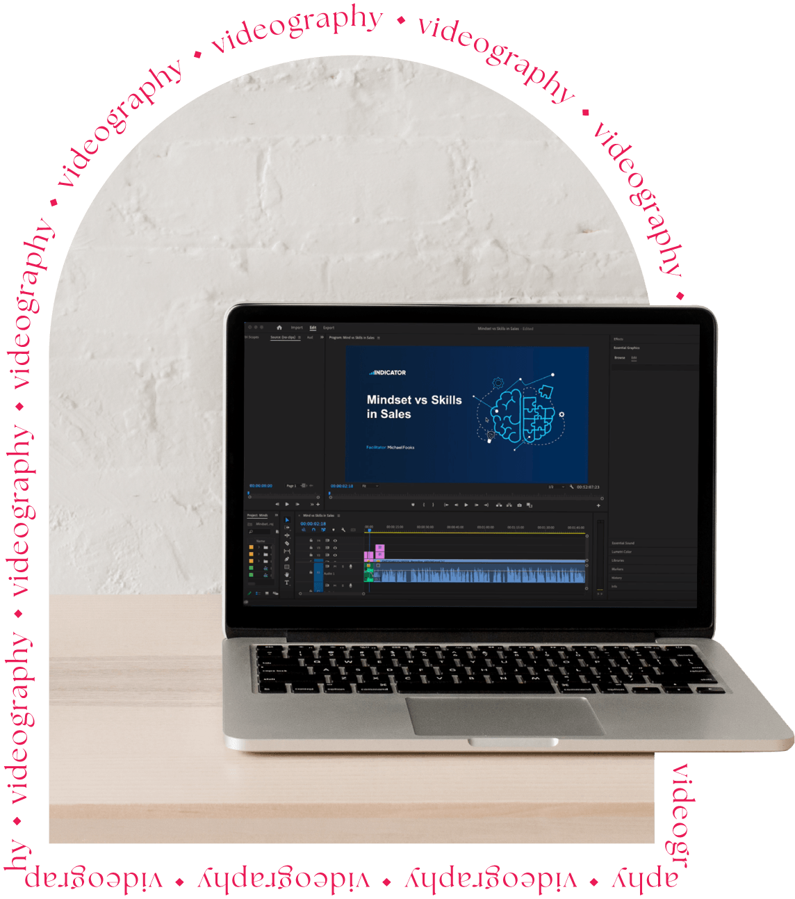MacBook displaying 'Mindset vs Skills in Sales' video, framed by red 'videography' text in a circular pattern