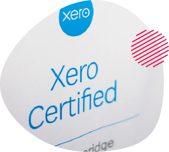 Close-up of a Xero Certified badge, framed by a rounded shape with pink graphic accents