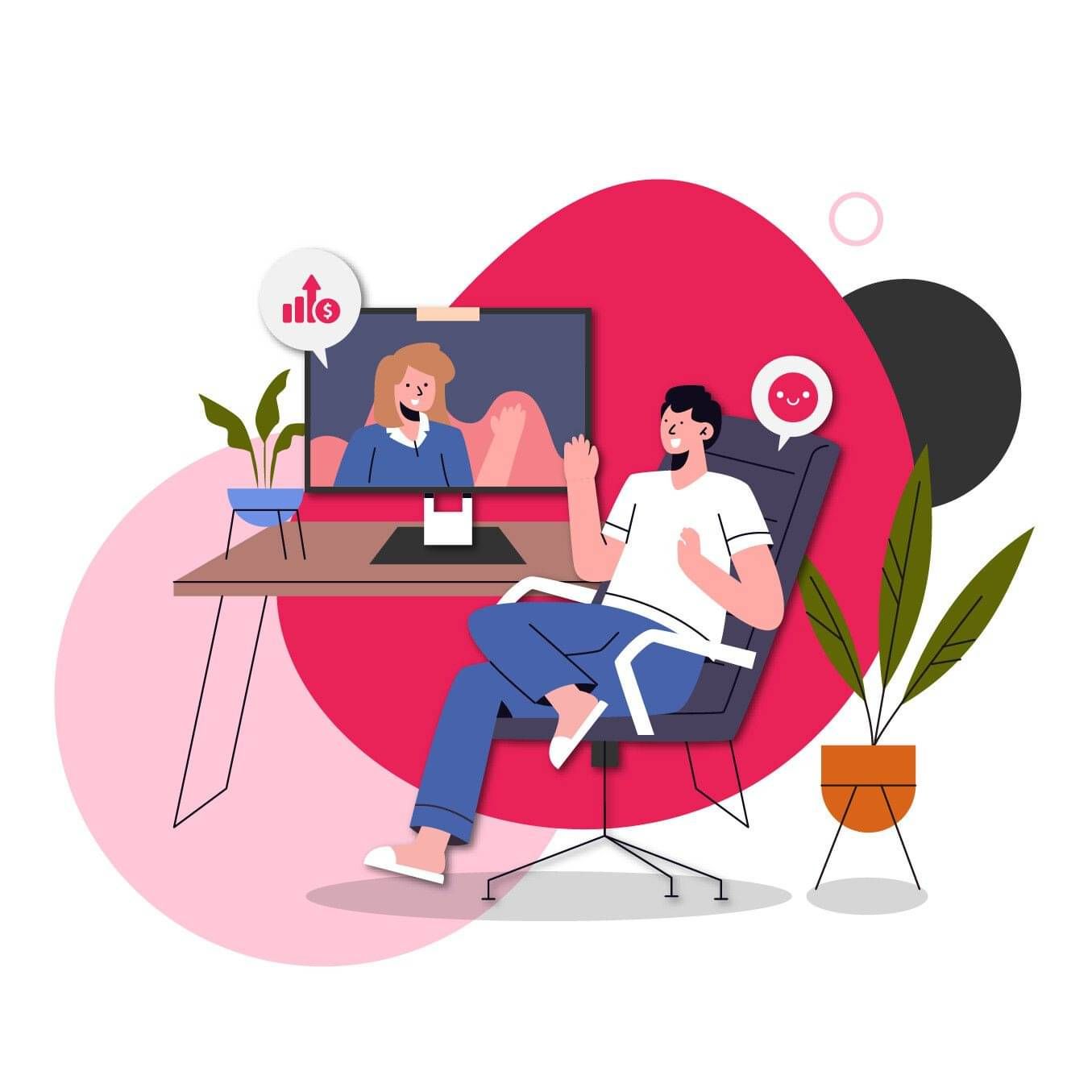Illustration of a man in a chair waving at a woman on a computer screen, with speech bubbles, plants, and abstract pink and black shapes