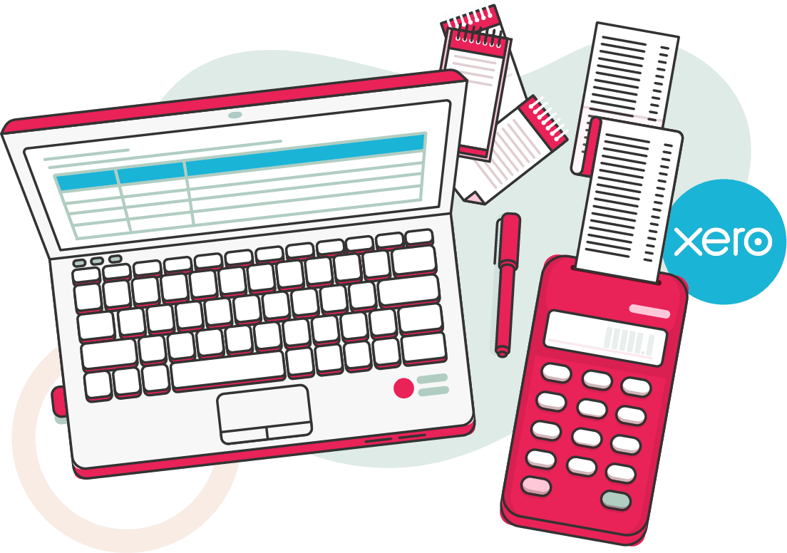 Illustration of a laptop with a spreadsheet, a red calculator printing receipts, notepads, and a pen, with the Xero logo in the background