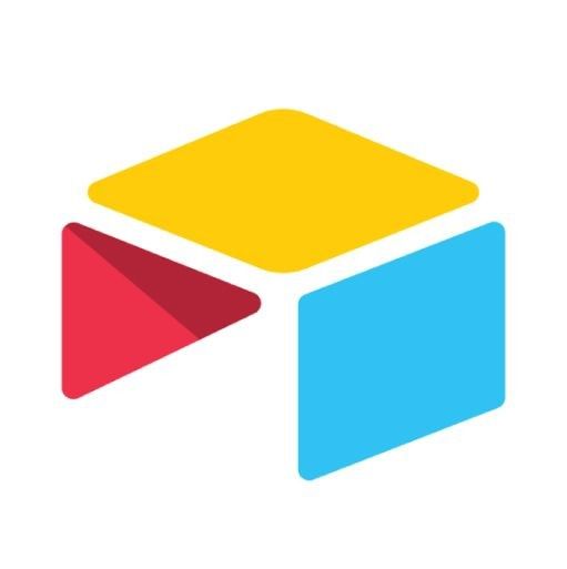 Airtable logo featuring a three-dimensional cube with a yellow top, red left side, and blue right side, resembling an open box
