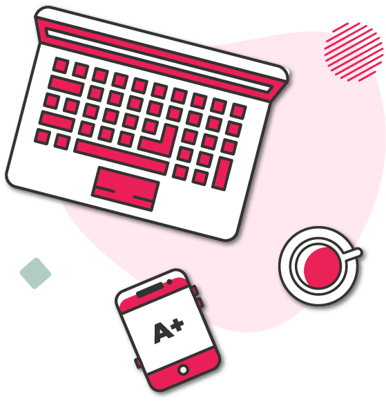 Illustration of a laptop, smartphone displaying 'A+', and a coffee cup, outlined in black with pink accents, on an abstract pink background