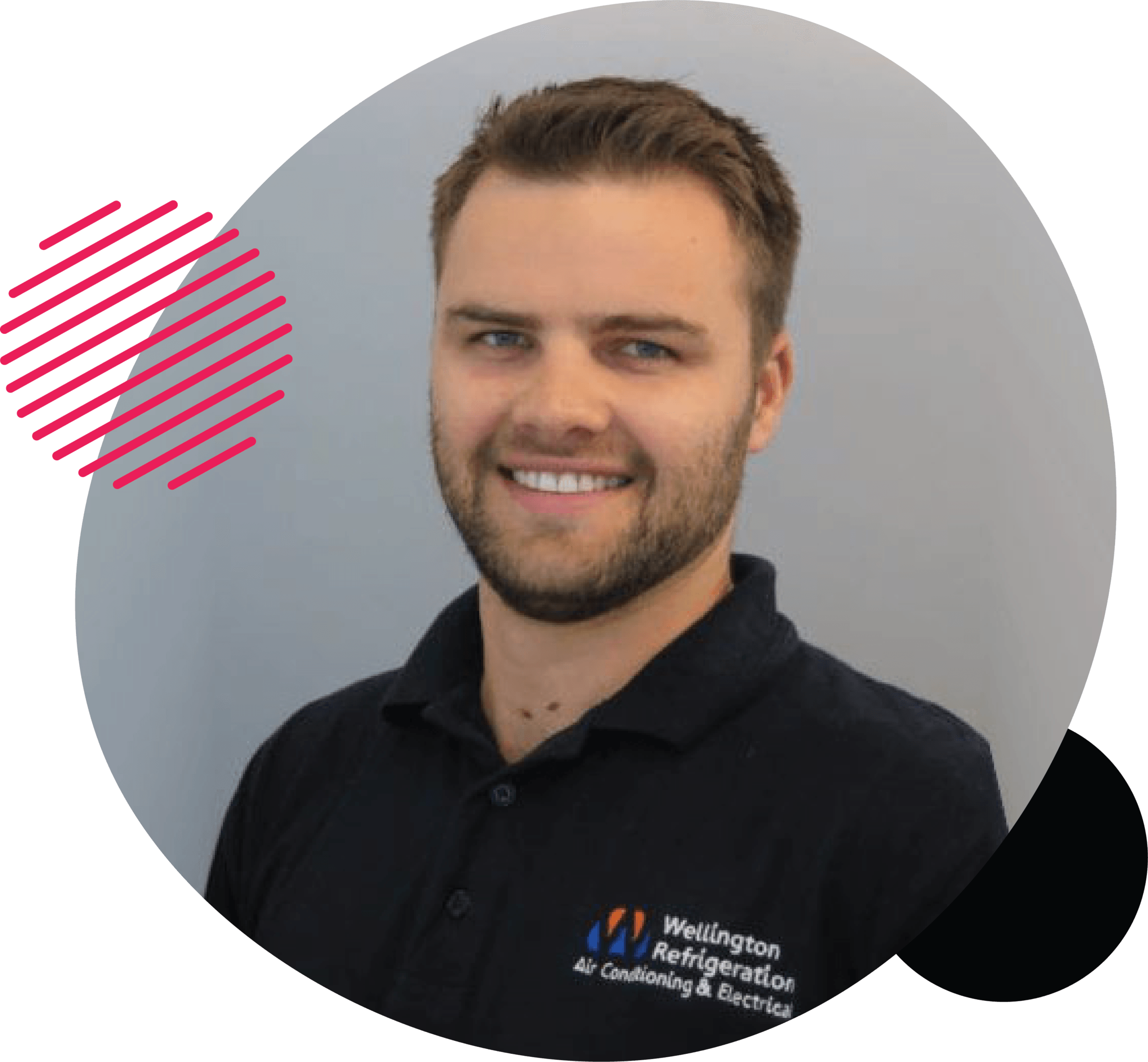 Headshot of a man wearing a Wellington Refrigeration & Air Conditioning t-shirt, smiling, framed by abstract red and black shapes