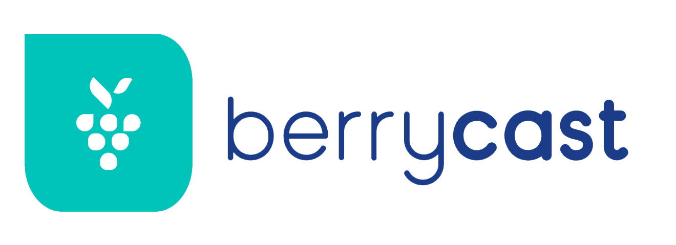 Berrycast logo featuring a turquoise rounded square with a white grape cluster icon, next to the word "berrycast" in lowercase letters