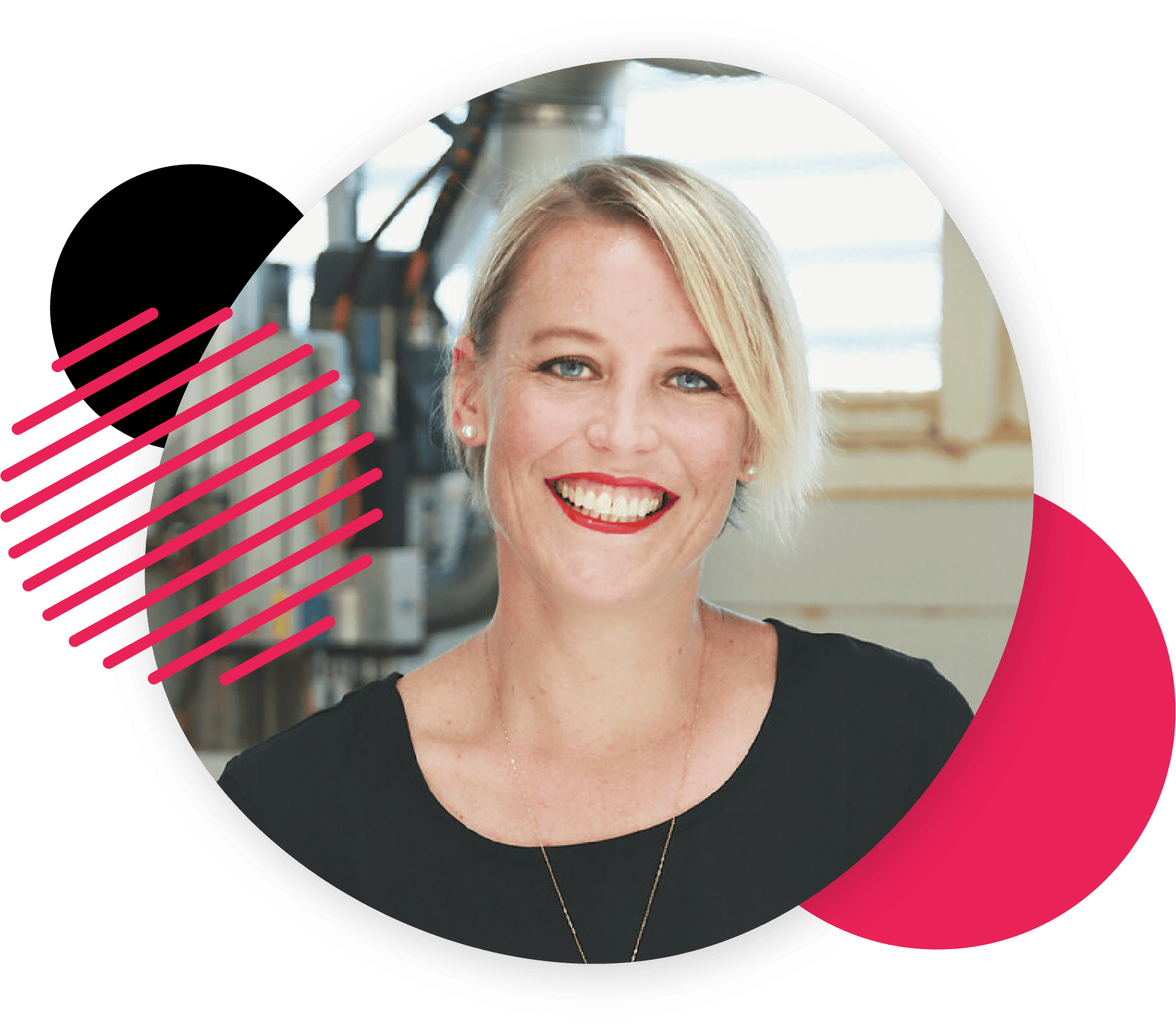 Smiling blonde woman in a black top, framed within a circle with pink and black accents, in an industrial-style setting