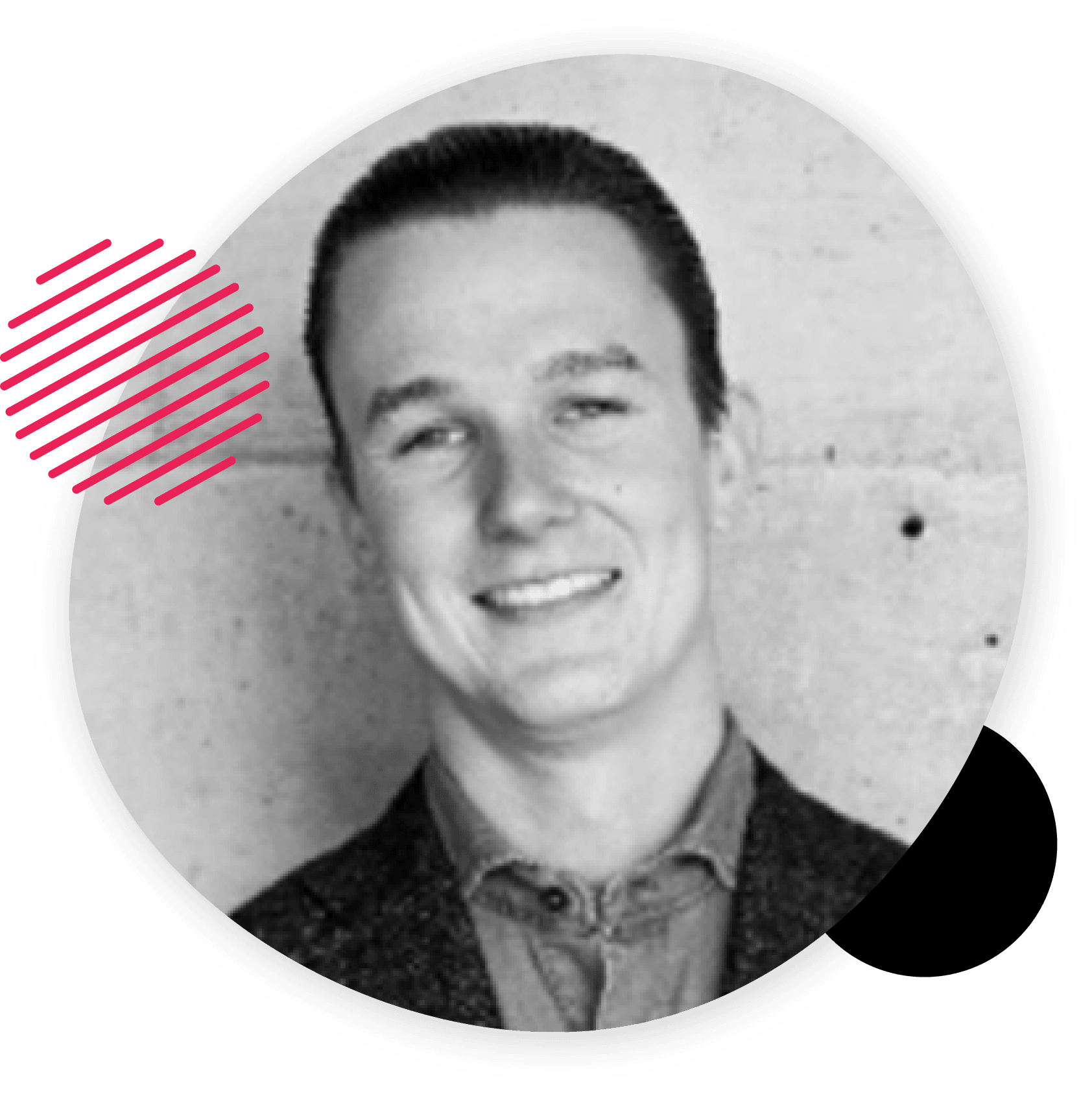Black and white portrait of a smiling man in a blazer, framed by a circular shape with pink and black graphic accents