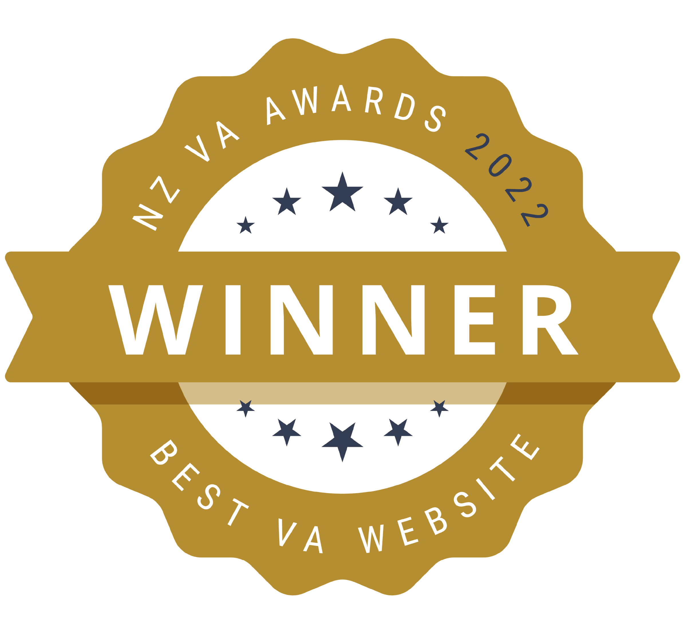 NZ VA Awards 2022 winner badge for Best VA Website, featuring a gold and white circular design with stars