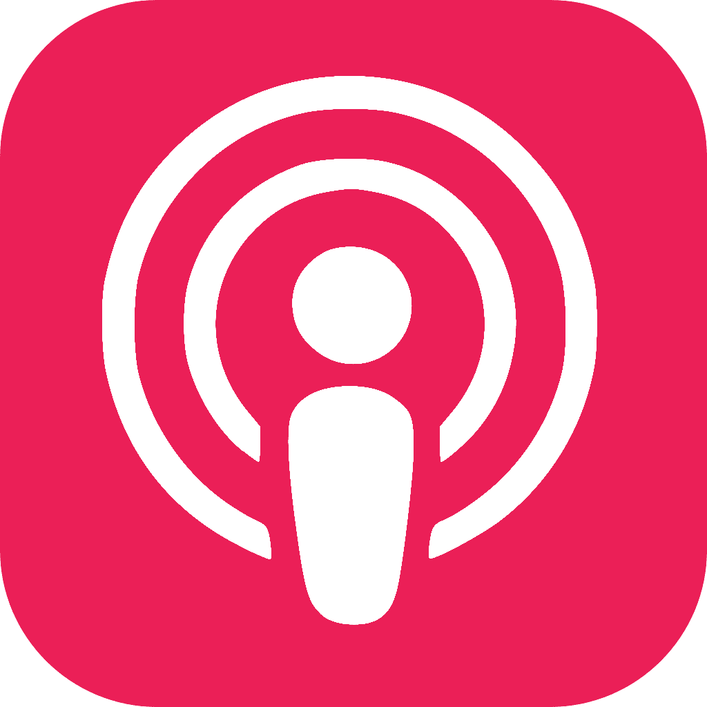 Apple Podcasts logo featuring a white figure with radiating concentric circles inside a pink rounded square