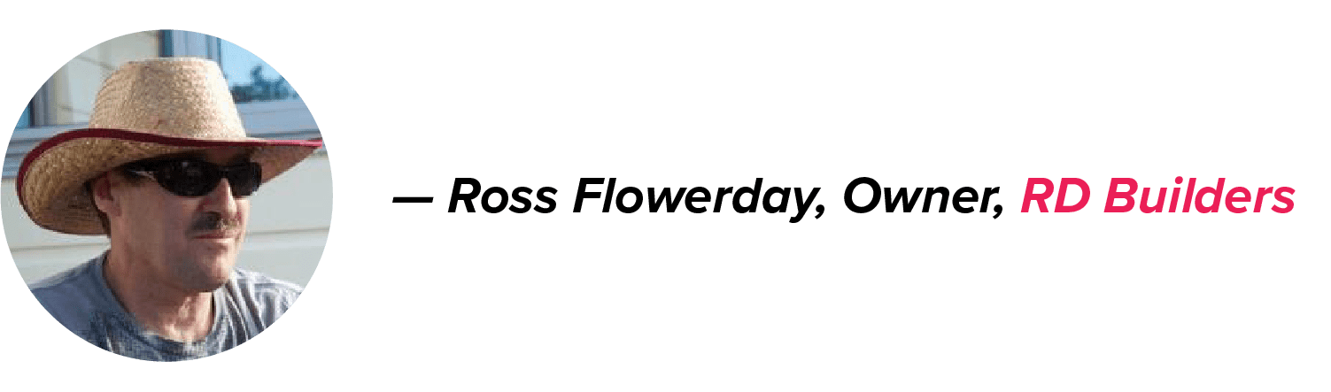 Ross Flowerday, Owner of RD Builders, wears a straw hat and black sunglasses outdoors, with his name in black and company name in pink