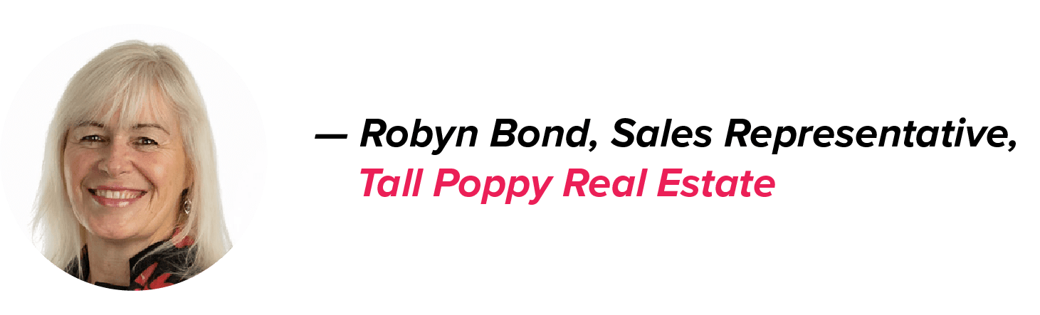 Robyn Bond, Tall Poppy Real Estate Sales Representative, smiles with long white hair and a black top; her name in black, company name in pink