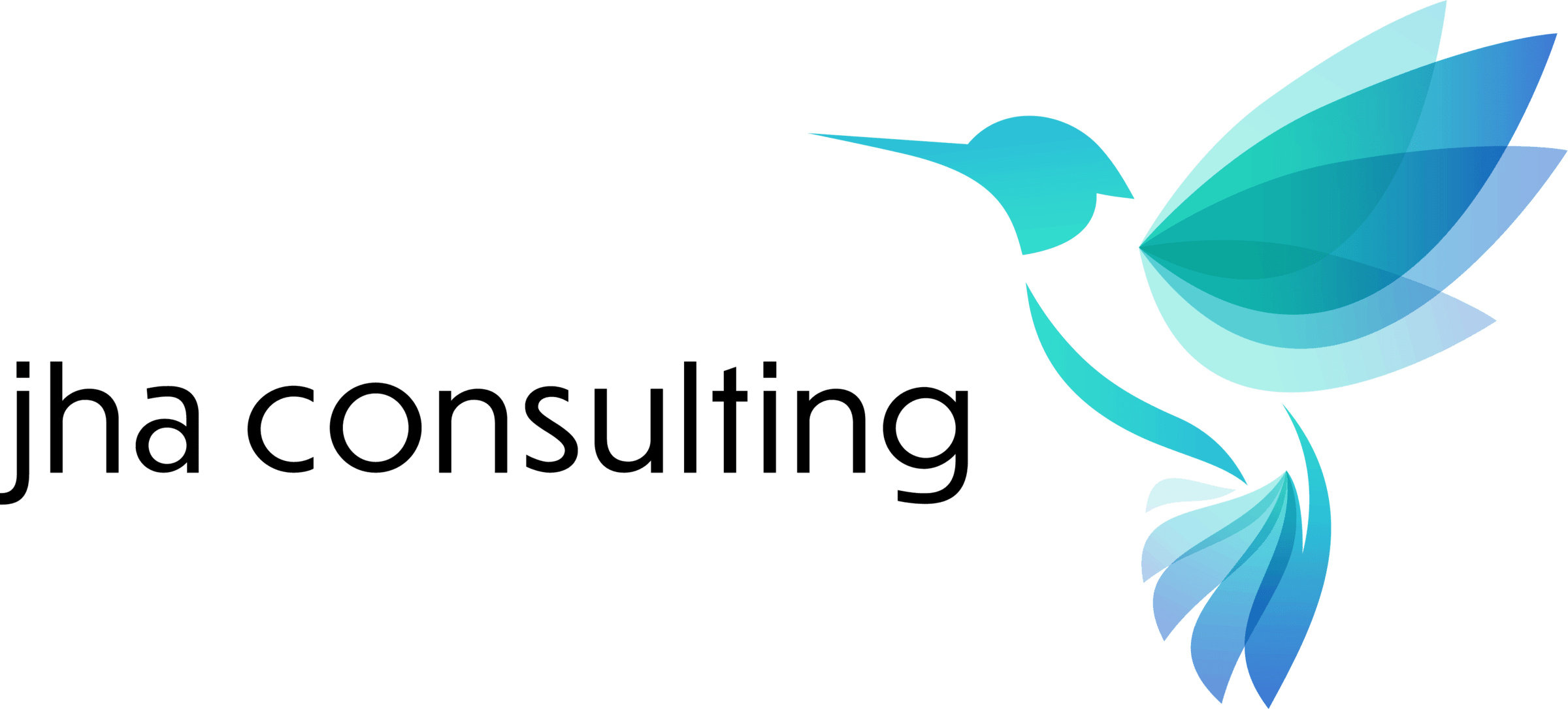 JHA Consulting logo features lowercase black text "jha consulting" beside a stylised hummingbird in shades of blue and teal